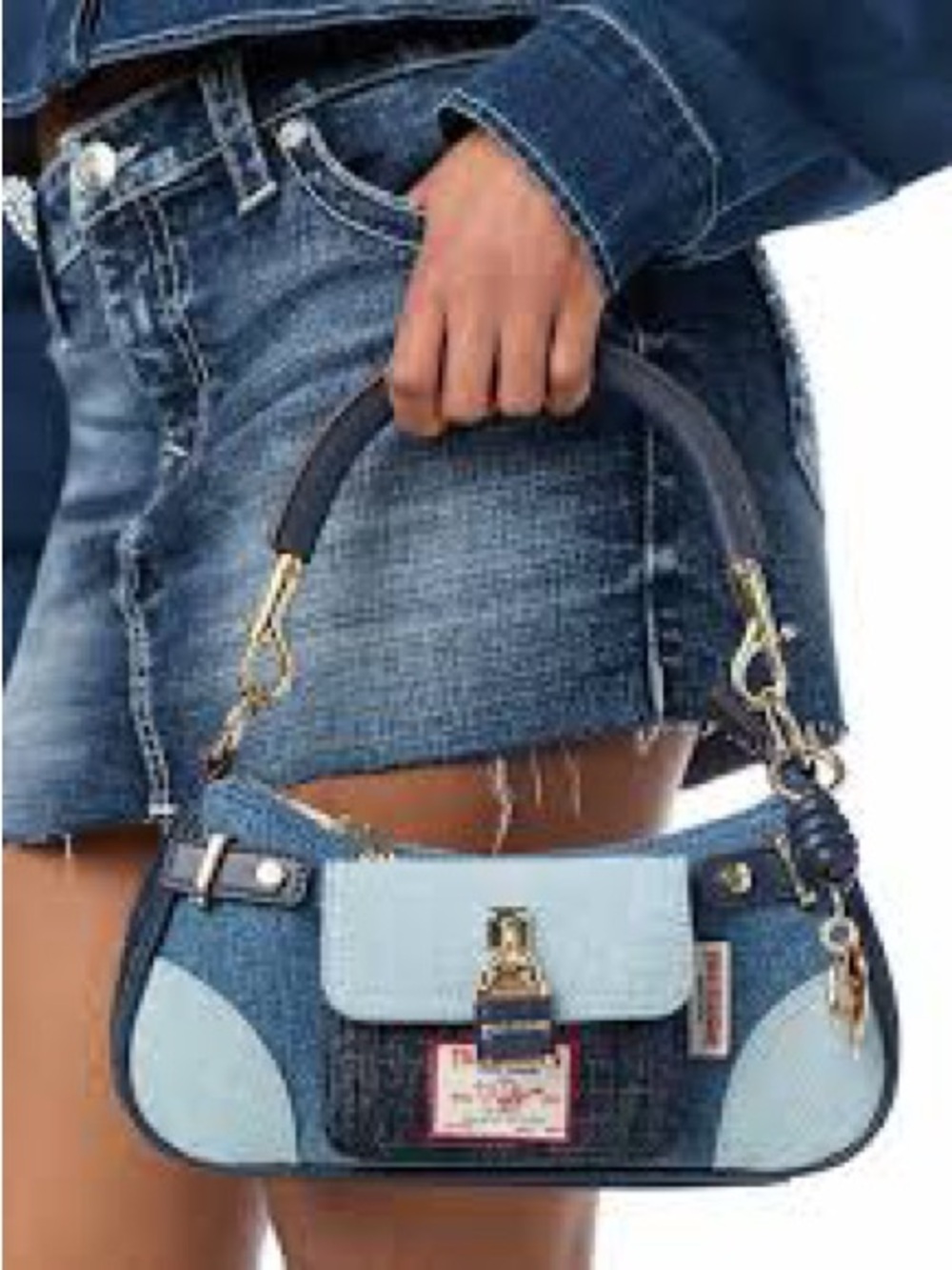 True Religion Denim Patchwork Shoulder Bag - Light and Dark Blue  c1